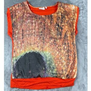 Yaya Orange Abstract Graphic Print Cap Sleeve Banded Hem Top Size 38 Medium